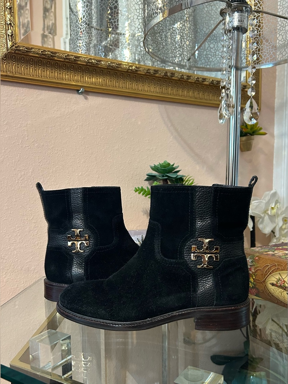 Tory Burch Black Suede Leather Ankle Boots with Gold Logo Size 7